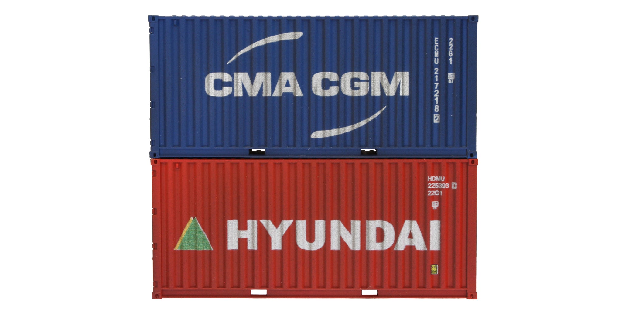 4F-028-058 OO Gauge 20 Foot Container CMA 217218-2 & Hyundai 225393-0 Twin Pack Weathered
