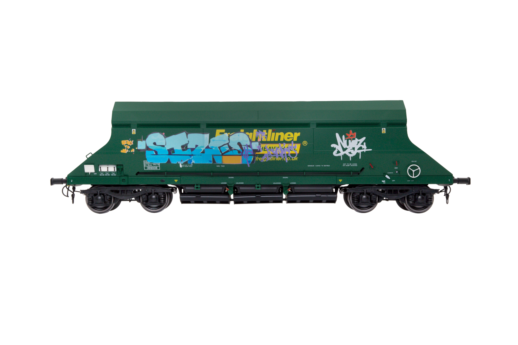7F-026-001G1 O Gauge HIA Ftlnr Green Hvy Haul Limestone Hopper 369008 Graffiti