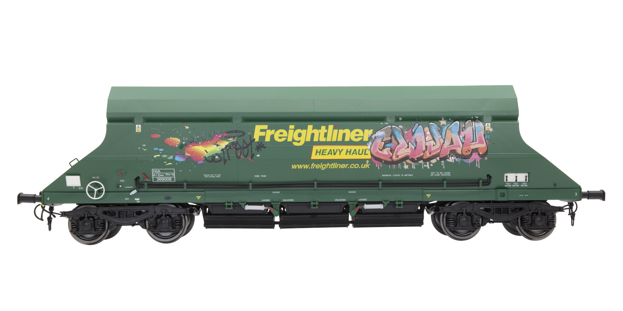 7F-026-001G O Gauge HIA Ftlnr Green Hvy Haul Limestone Hopper 369008 Graffiti