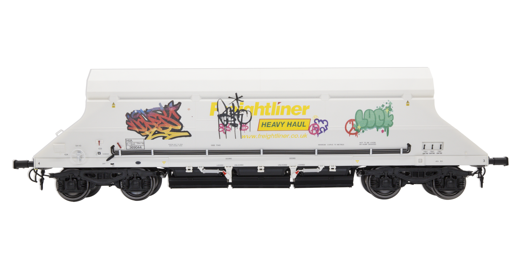 7F-026-004G O Gauge HIA Ftlnr White Hvy Haul Limestone Hopper 369044 Graffiti