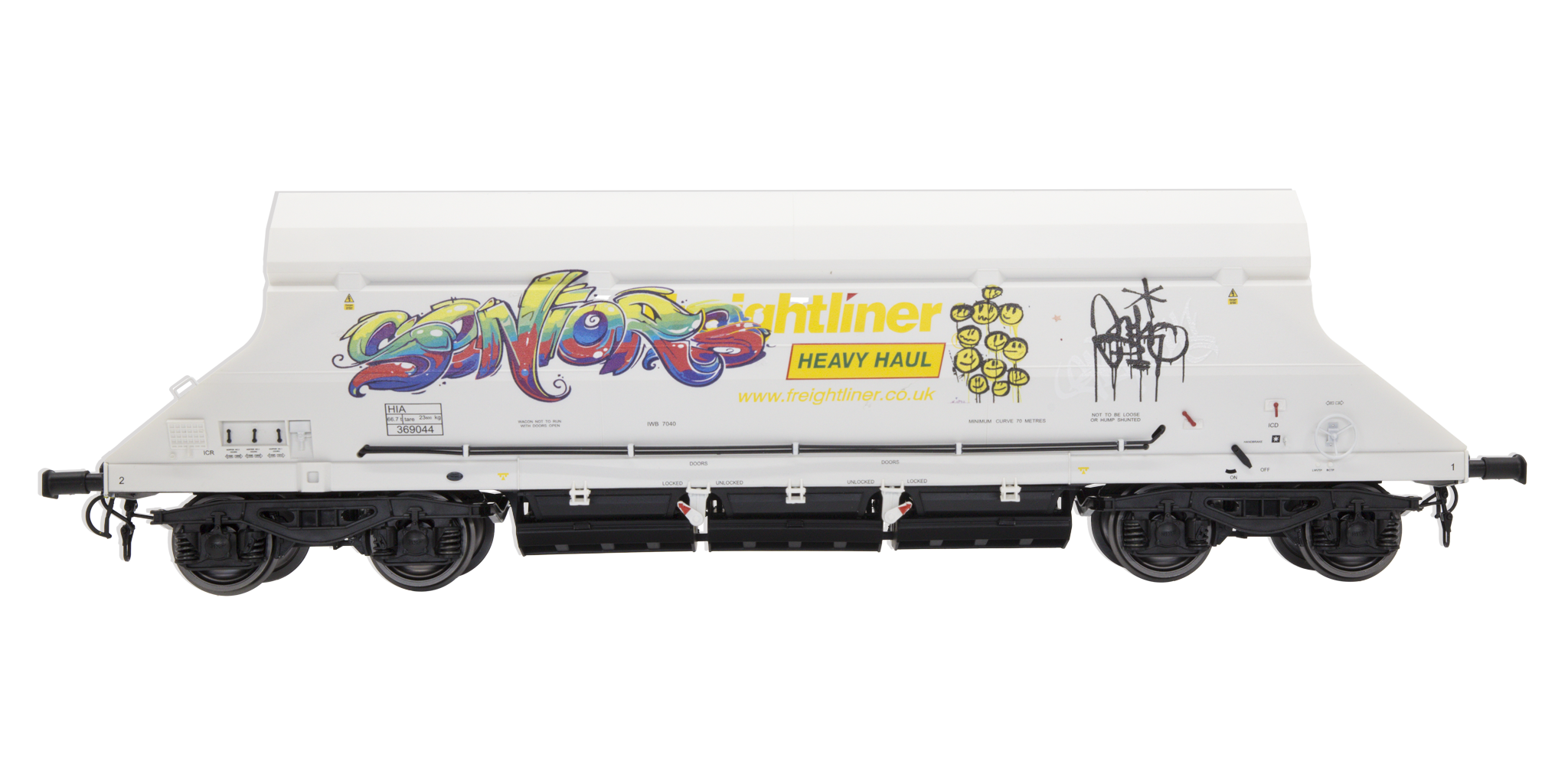 7F-026-004G O Gauge HIA Ftlnr White Hvy Haul Limestone Hopper 369044 Graffiti
