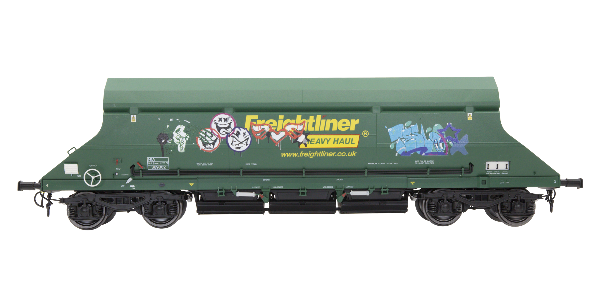 7F-026-005G O Gauge HIA Ftlnr Green Hvy Haul Limestone Hopper 369002 Graffiti