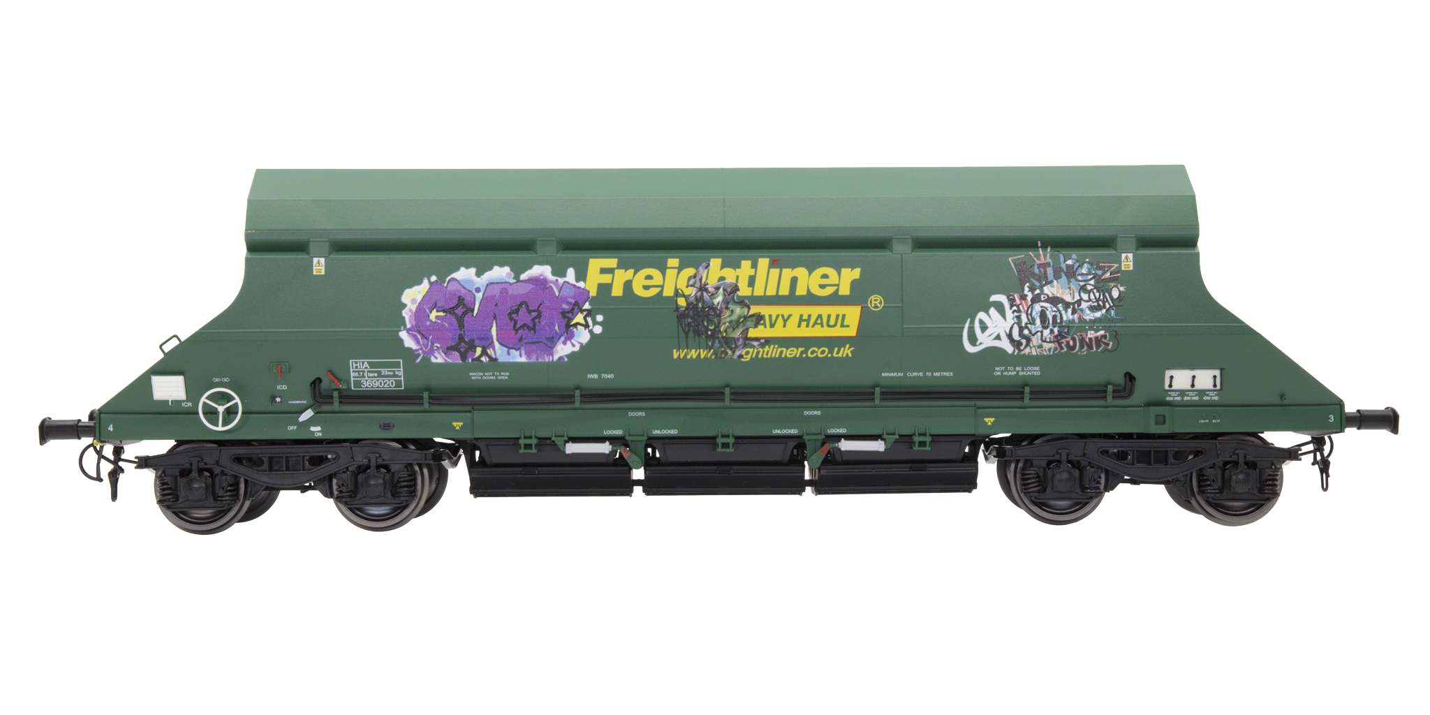 7F-026-006G O Gauge HIA Ftlnr Green Hvy Haul Limestone Hopper 369002 Graffiti