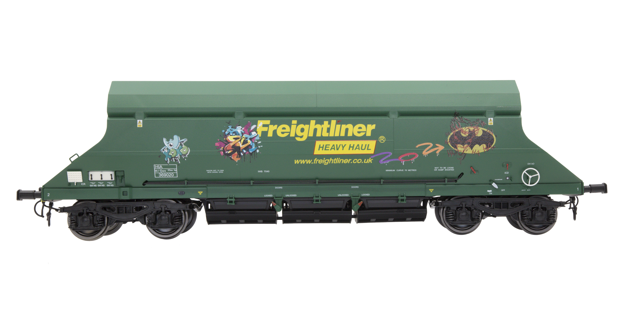 7F-026-006G O Gauge HIA Ftlnr Green Hvy Haul Limestone Hopper 369002 Graffiti
